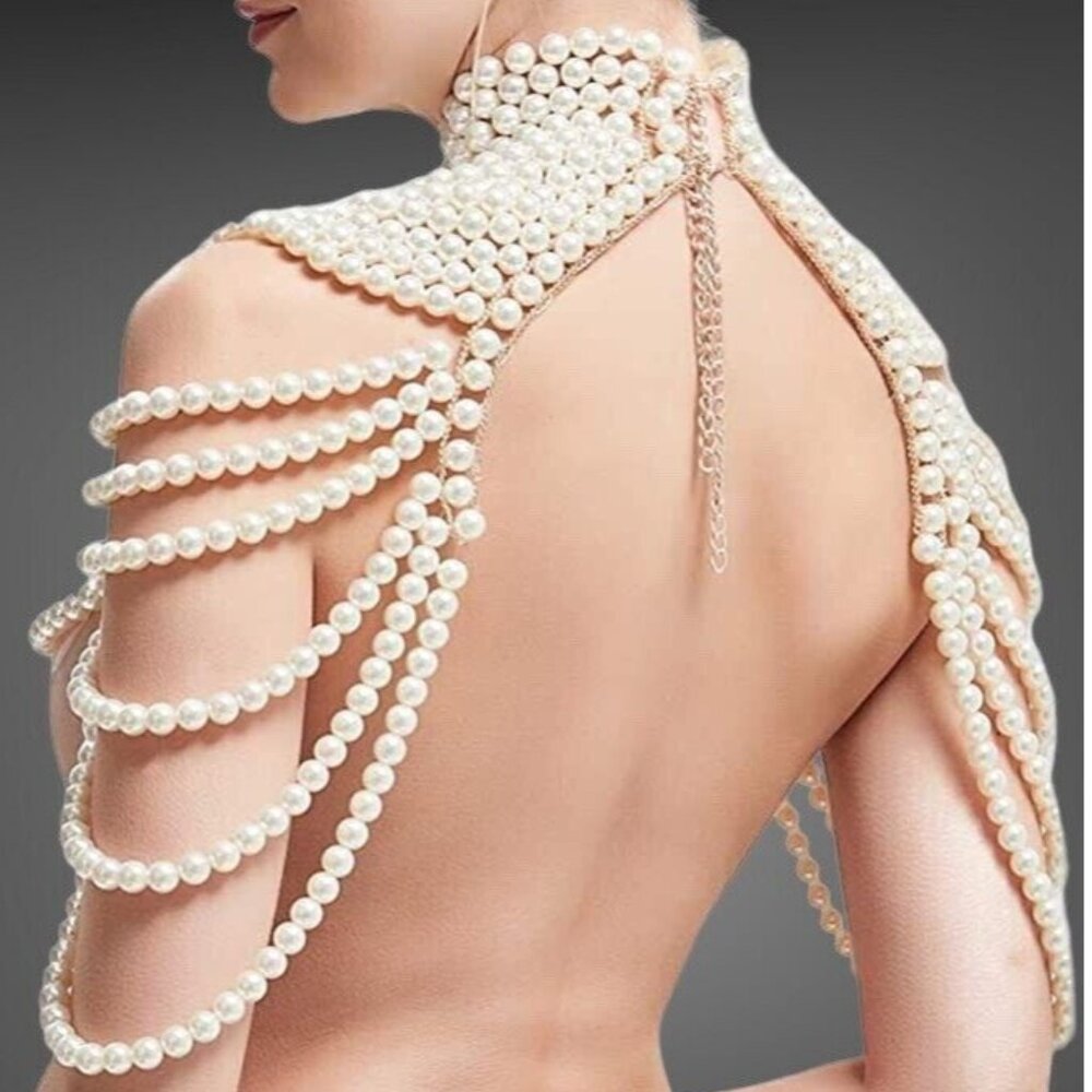 Jewelry Accessory Layered Ivory Gold Synthetic Big Pearls Necklaces Body Chains - Picture 6 of 16